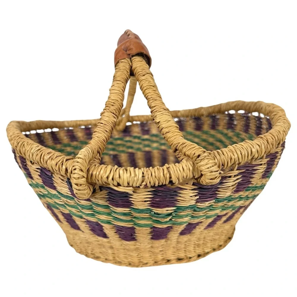 African Bolga Market Basket Handwoven Ghana Tote Leather Handle Large 12